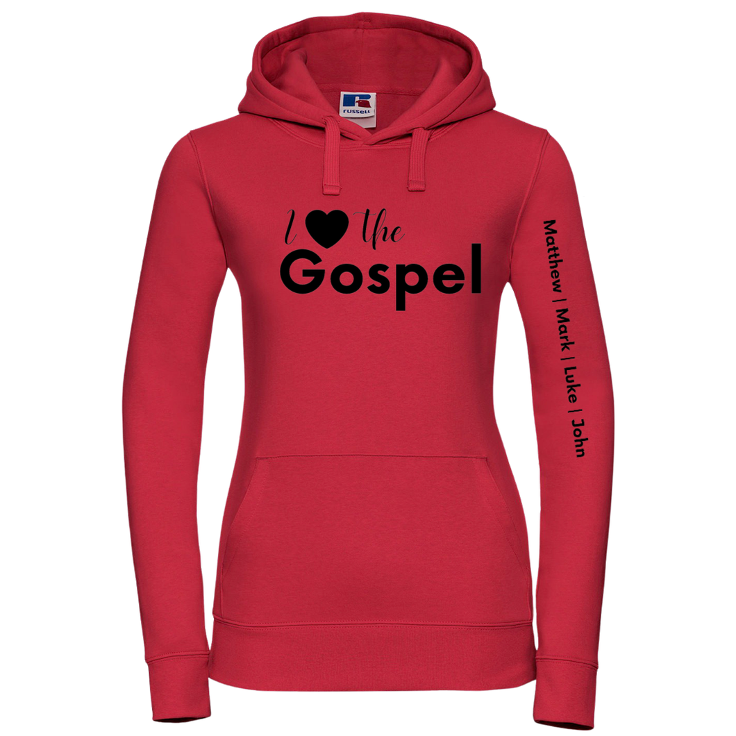 I love the Gospel - Ladies Red Authentic Hoodie with Black Print